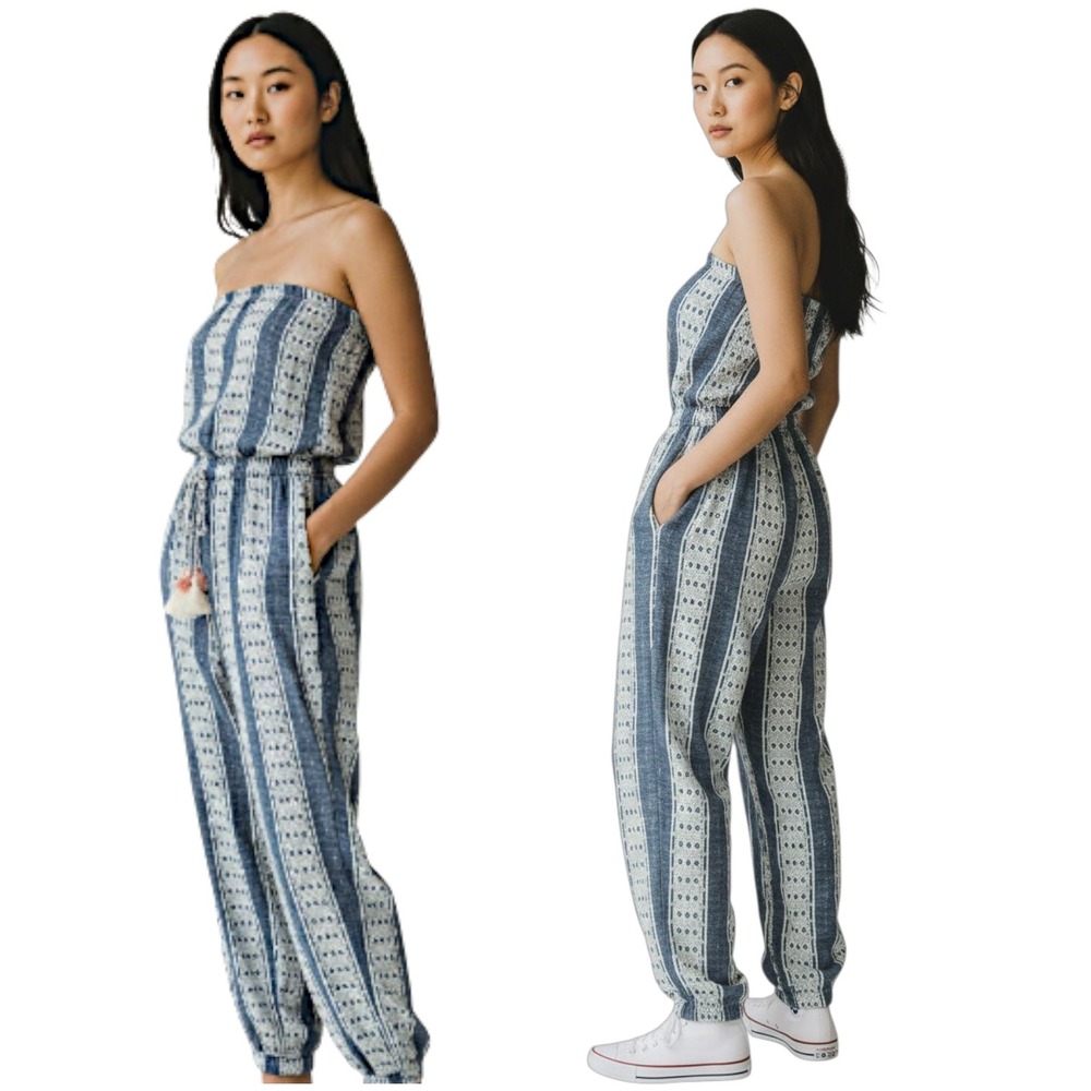 Cool Change Jumpsuit M‎ Brooke Strapless Blue White Stripe Tassel Drawstring